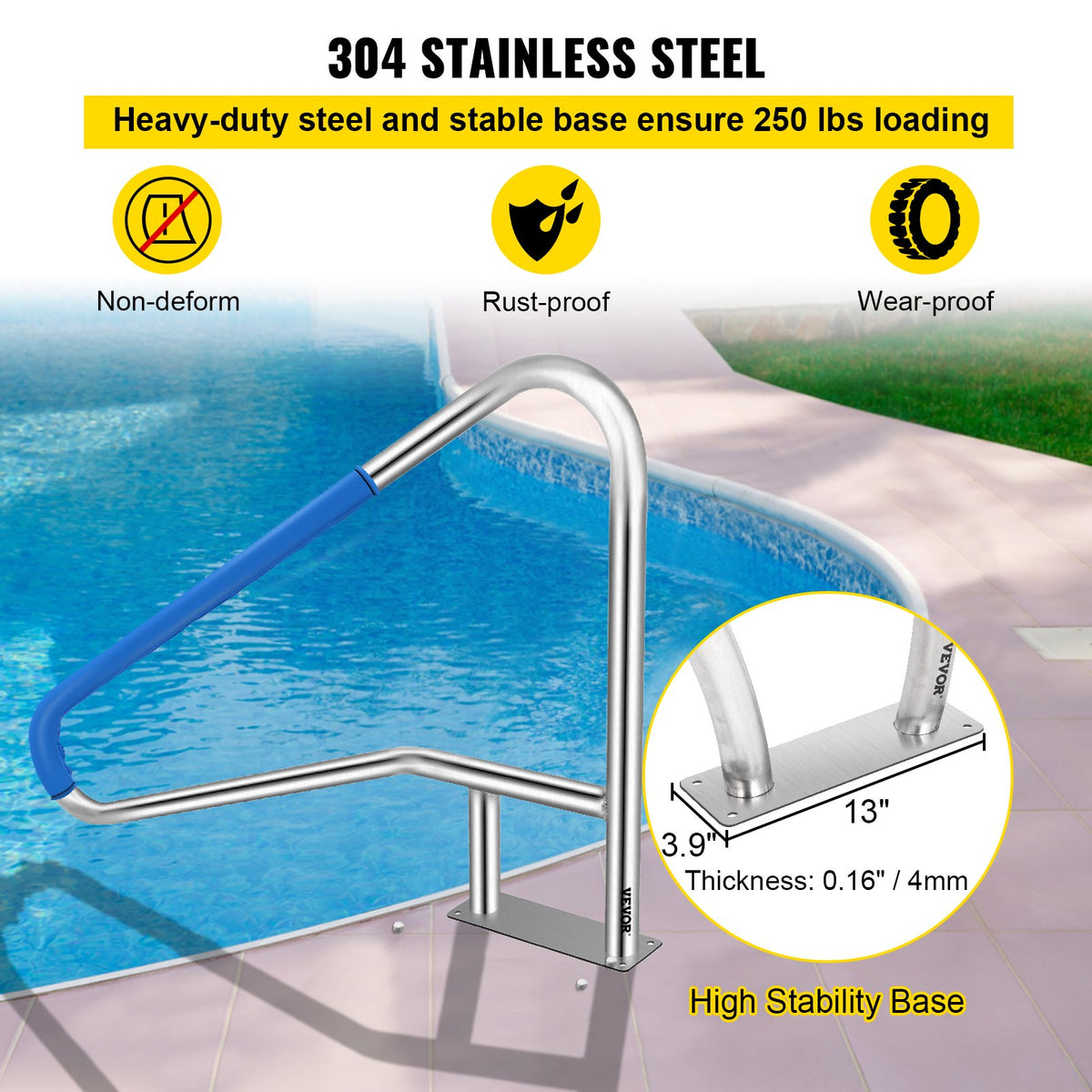 VEVOR Pool Rail 55x32 Pool Railing 304 Stainless Steel 250LBS Load Capacity Silver Rustproof Pool Handrail Humanized Swimming Pool Handrail with Blue Grip Cover & M8 Drill Bit & Self-Taping Screws - BXGYCFS4W55X32YC1V0 - view 5