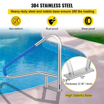 VEVOR Pool Rail 55x32 Pool Railing 304 Stainless Steel 250LBS Load Capacity Silver Rustproof Pool Handrail Humanized Swimming Pool Handrail with Blue Grip Cover & M8 Drill Bit & Self-Taping Screws - BXGYCFS4W55X32YC1V0 - view 5