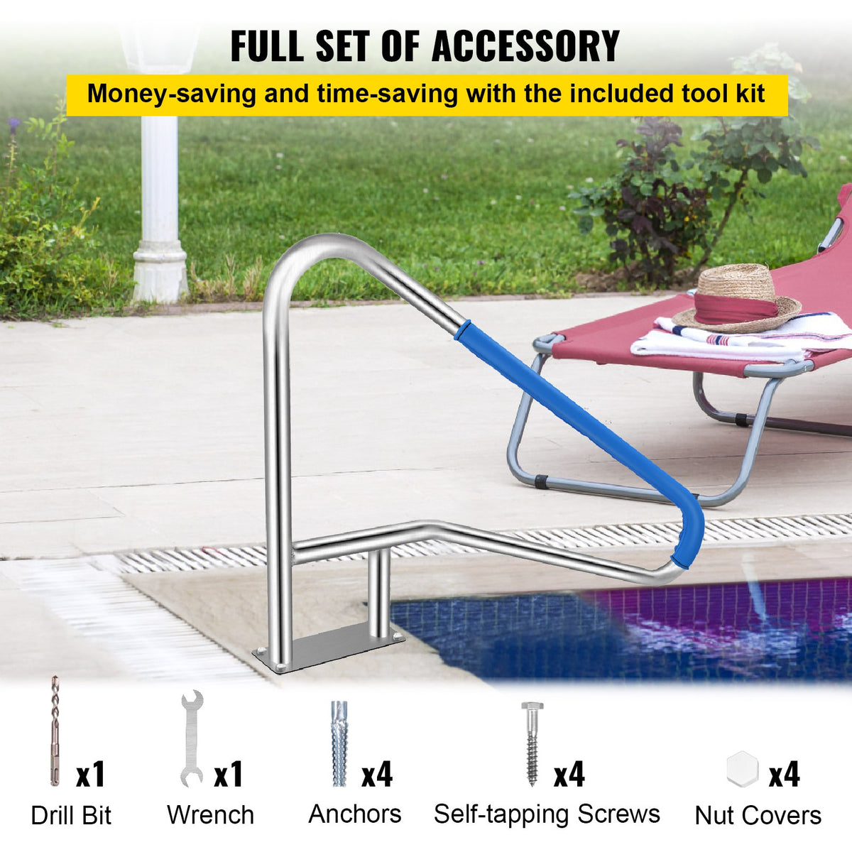 VEVOR Pool Rail 55x32 Pool Railing 304 Stainless Steel 250LBS Load Capacity Silver Rustproof Pool Handrail Humanized Swimming Pool Handrail with Blue Grip Cover & M8 Drill Bit & Self-Taping Screws - BXGYCFS4W55X32YC1V0 - view 7
