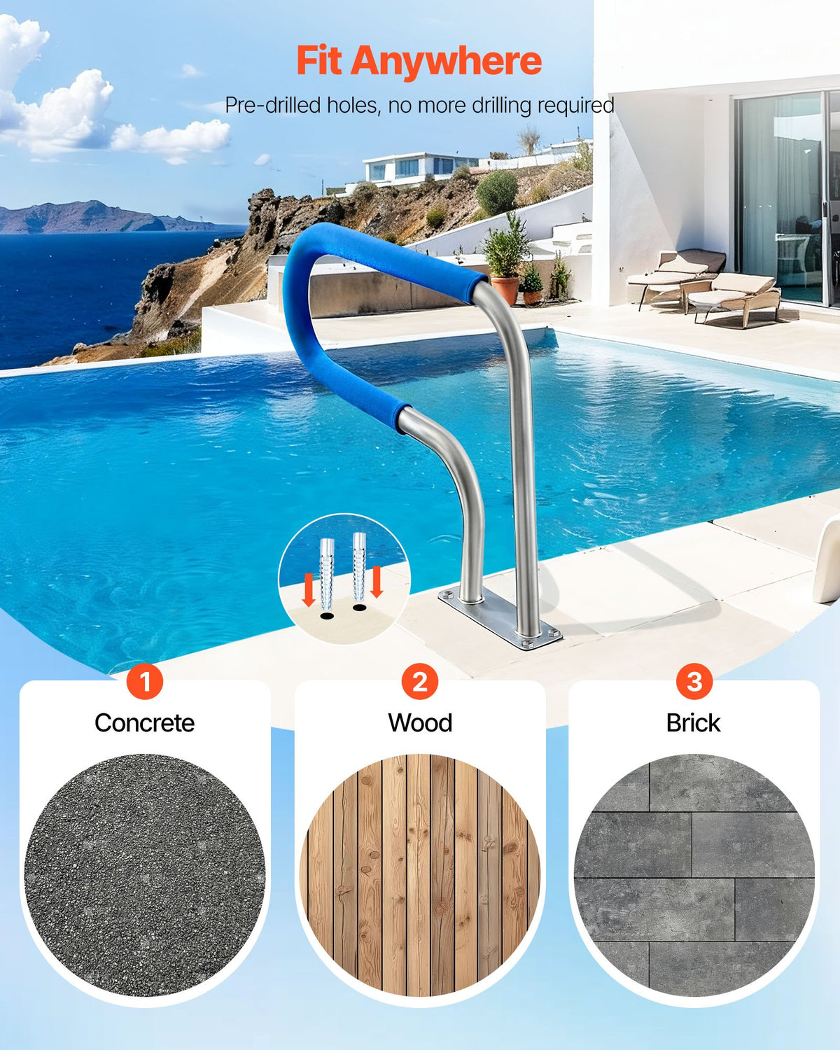 VEVOR Pool Rail, 31 x 22 inch Pool Handrail, 220 lbs Load Capacity Heavy Duty 304 Stainless Steel Swimming Handrail, Detachable Nonslip Sleeve, Rich Accessories, for Poolside, Water Parks， Spa Centers - BXGYCFSDDB302DUEF001V0 - view 7