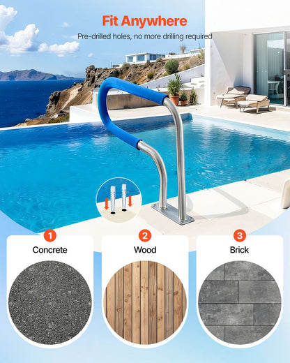 VEVOR Pool Rail, 31 x 22 inch Pool Handrail, 220 lbs Load Capacity Heavy Duty 304 Stainless Steel Swimming Handrail, Detachable Nonslip Sleeve, Rich Accessories, for Poolside, Water Parks， Spa Centers - BXGYCFSDDB302DUEF001V0 - view 7