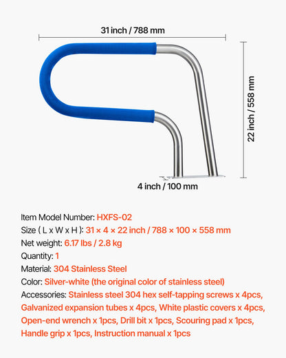 VEVOR Pool Rail, 31 x 22 inch Pool Handrail, 220 lbs Load Capacity Heavy Duty 304 Stainless Steel Swimming Handrail, Detachable Nonslip Sleeve, Rich Accessories, for Poolside, Water Parks， Spa Centers - BXGYCFSDDB302DUEF001V0 - view 8