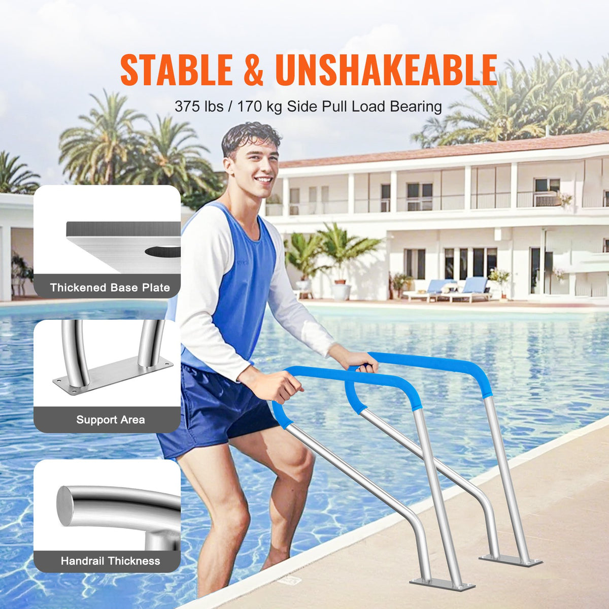 VEVOR Pool Handrail, 39 x 32 inch Pool Railing, Stainless Steel with Base Plate for Indoor/Outdoor Pools,Swimming Pool Safety Railing for Decks,Rust-Proof Grab Bar w/ Grip Cover&Accessories for Spas - BXGYCFSDDB39WBGVHV0 - view 4