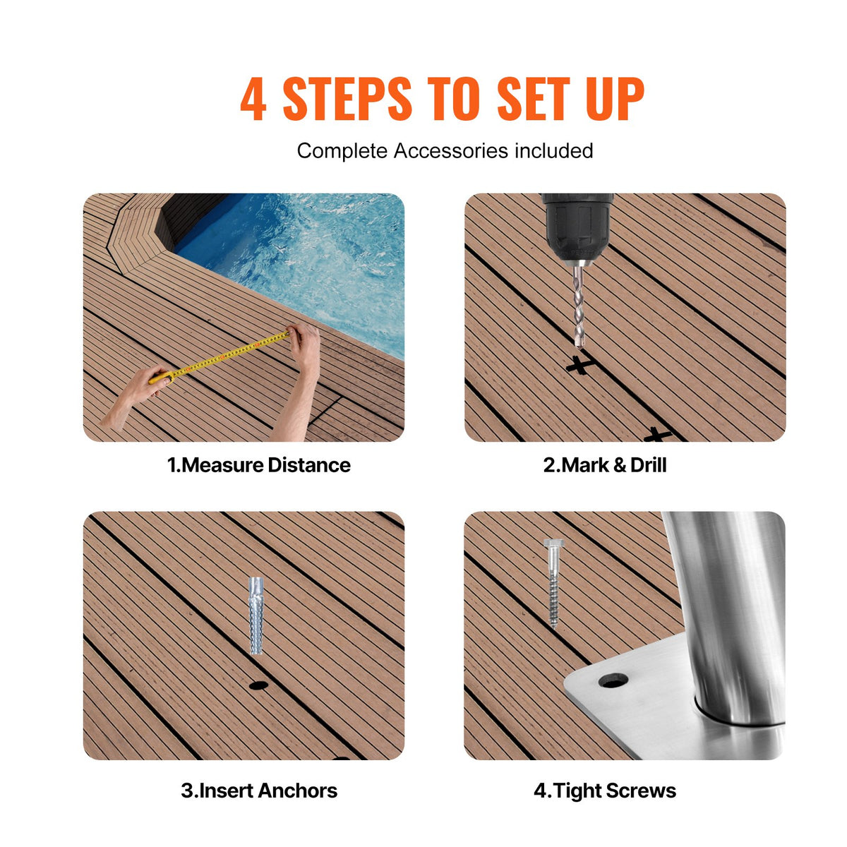 VEVOR Pool Handrail, 39 x 32 inch Pool Railing, Stainless Steel with Base Plate for Indoor/Outdoor Pools,Swimming Pool Safety Railing for Decks,Rust-Proof Grab Bar w/ Grip Cover&Accessories for Spas - BXGYCFSDDB39WBGVHV0 - view 6