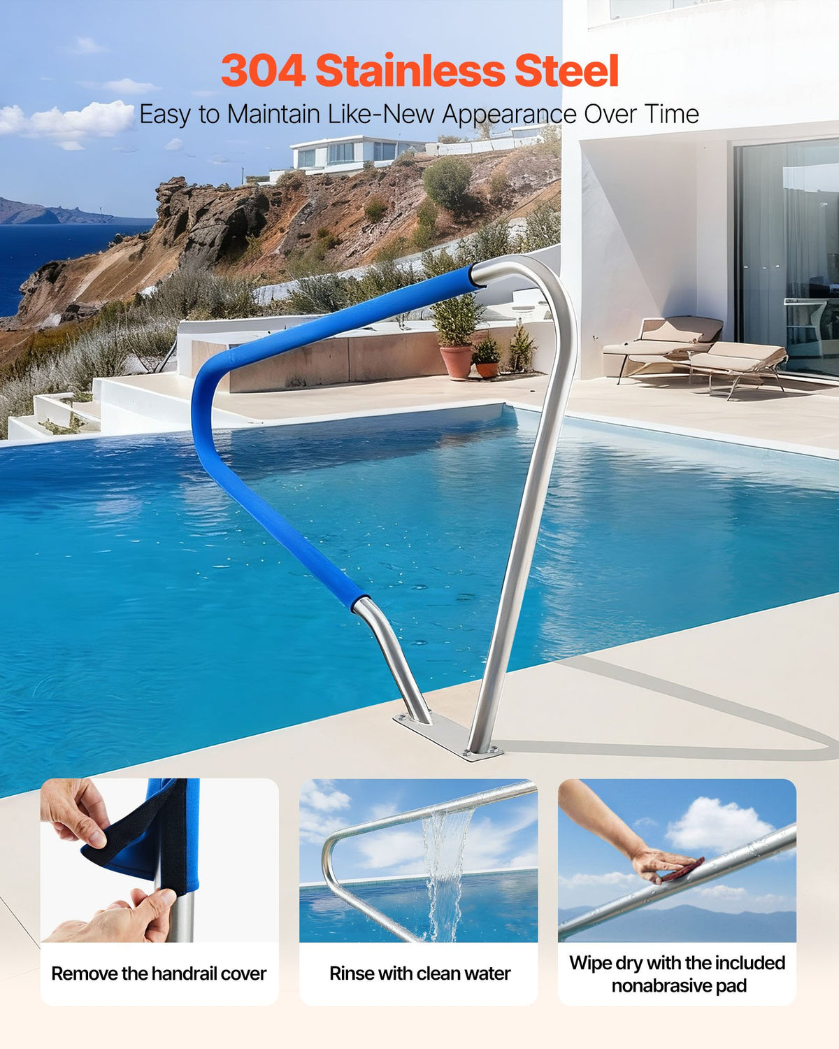 VEVOR Pool Rail, 48 x 36 inch Pool Handrail, 220 lbs Load Capacity Heavy Duty 304 Stainless Steel Swimming Handrail, Detachable Nonslip Sleeve, Rich Accessories, for Poolside, Water Parks, Spa Centers - BXGYCFSDDB4834UDG001V0 - view 4