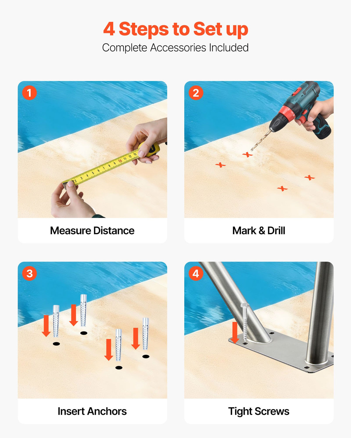 VEVOR Pool Rail, 48 x 36 inch Pool Handrail, 220 lbs Load Capacity Heavy Duty 304 Stainless Steel Swimming Handrail, Detachable Nonslip Sleeve, Rich Accessories, for Poolside, Water Parks, Spa Centers - BXGYCFSDDB4834UDG001V0 - view 6