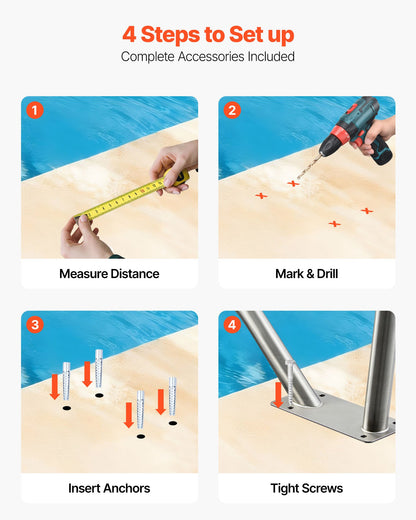 VEVOR Pool Rail, 48 x 36 inch Pool Handrail, 220 lbs Load Capacity Heavy Duty 304 Stainless Steel Swimming Handrail, Detachable Nonslip Sleeve, Rich Accessories, for Poolside, Water Parks, Spa Centers - BXGYCFSDDB4834UDG001V0 - view 6