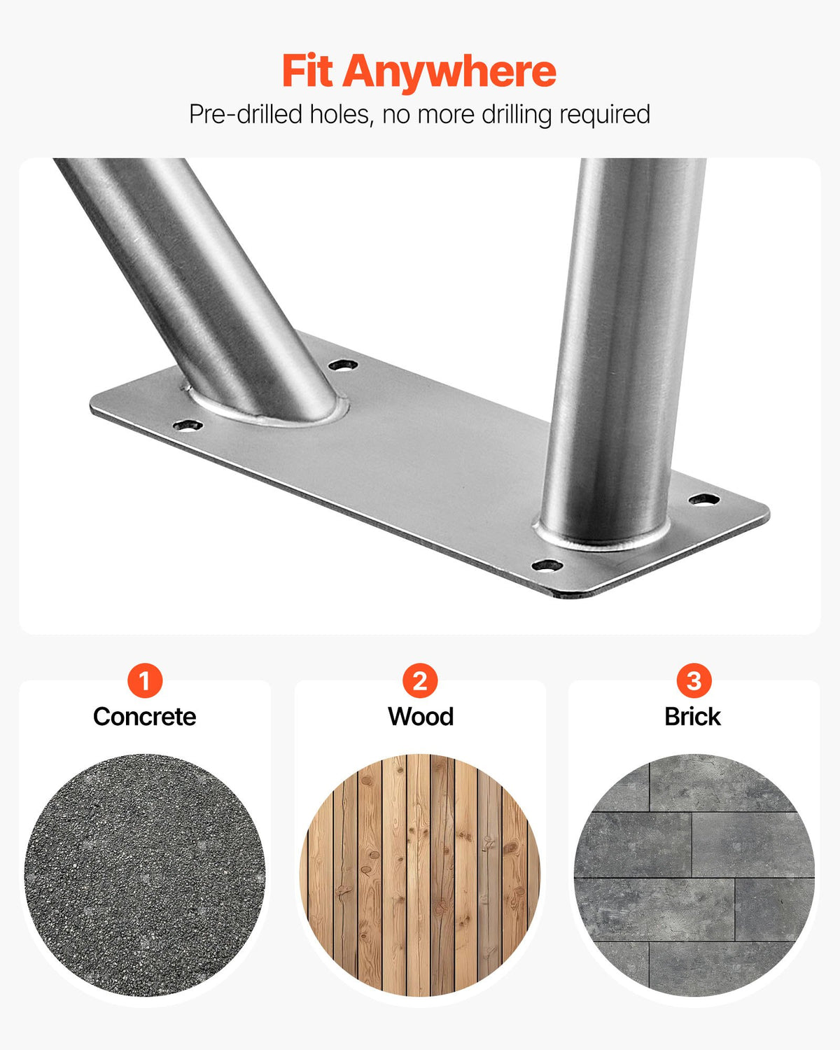VEVOR Pool Rail, 48 x 36 inch Pool Handrail, 220 lbs Load Capacity Heavy Duty 304 Stainless Steel Swimming Handrail, Detachable Nonslip Sleeve, Rich Accessories, for Poolside, Water Parks, Spa Centers - BXGYCFSDDB4834UDG001V0 - view 7