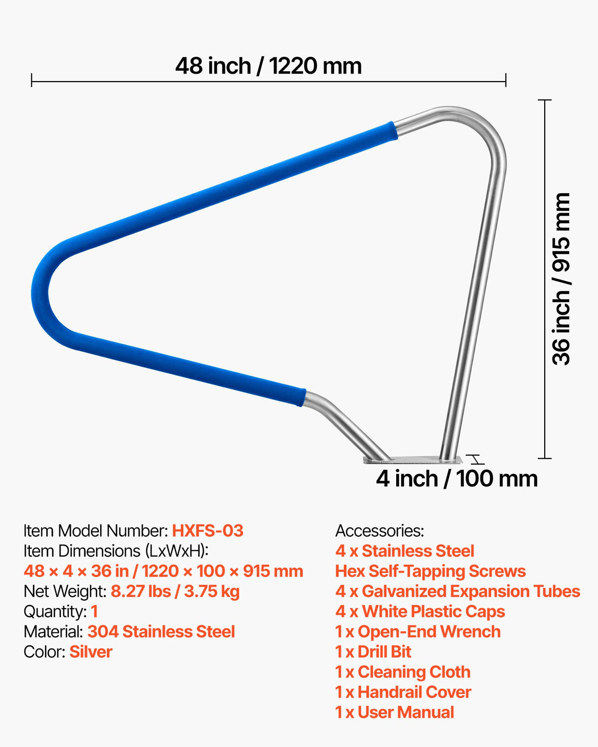 VEVOR Pool Rail, 48 x 36 inch Pool Handrail, 220 lbs Load Capacity Heavy Duty 304 Stainless Steel Swimming Handrail, Detachable Nonslip Sleeve, Rich Accessories, for Poolside, Water Parks, Spa Centers - BXGYCFSDDB4834UDG001V0 - view 8