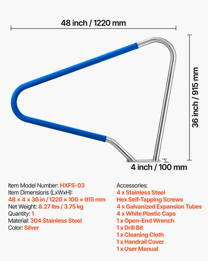 VEVOR Pool Rail, 48 x 36 inch Pool Handrail, 220 lbs Load Capacity Heavy Duty 304 Stainless Steel Swimming Handrail, Detachable Nonslip Sleeve, Rich Accessories, for Poolside, Water Parks, Spa Centers - BXGYCFSDDB4834UDG001V0 - view 8