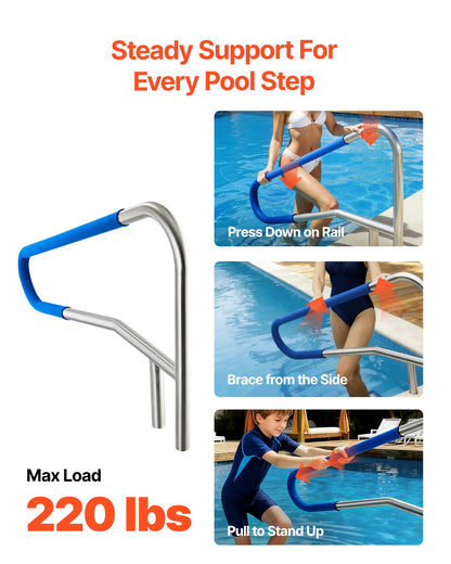 VEVOR Pool Rail, 54 x 32 inch Pool Handrail, 220 lbs Load Capacity Heavy Duty 304 Stainless Steel Swimming Handrail, Detachable Nonslip Sleeve, Recessed or Base Mount, for Poolside, Water Parks - BXGYCFSYM543YO17Y001V0 - view 3