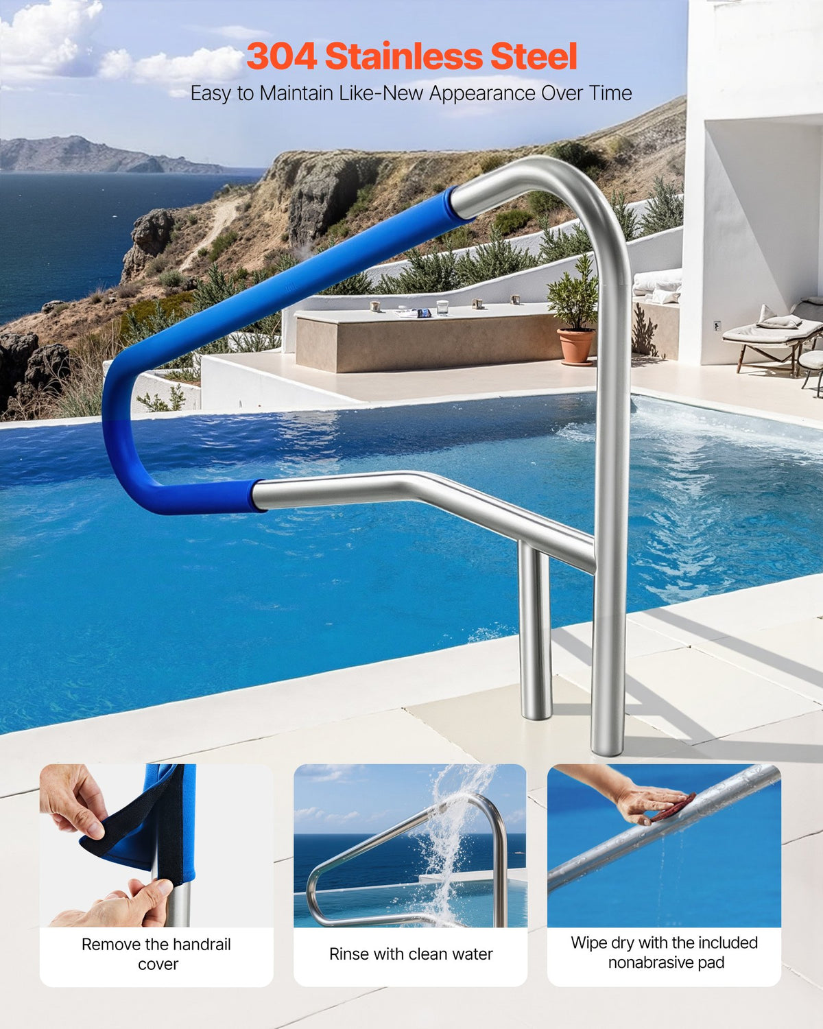 VEVOR Pool Rail, 54 x 32 inch Pool Handrail, 220 lbs Load Capacity Heavy Duty 304 Stainless Steel Swimming Handrail, Detachable Nonslip Sleeve, Recessed or Base Mount, for Poolside, Water Parks - BXGYCFSYM543YO17Y001V0 - view 4