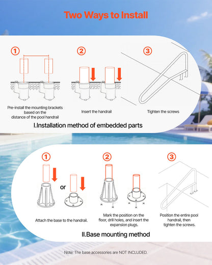 VEVOR Pool Rail, 54 x 32 inch Pool Handrail, 220 lbs Load Capacity Heavy Duty 304 Stainless Steel Swimming Handrail, Detachable Nonslip Sleeve, Recessed or Base Mount, for Poolside, Water Parks - BXGYCFSYM543YO17Y001V0 - view 6