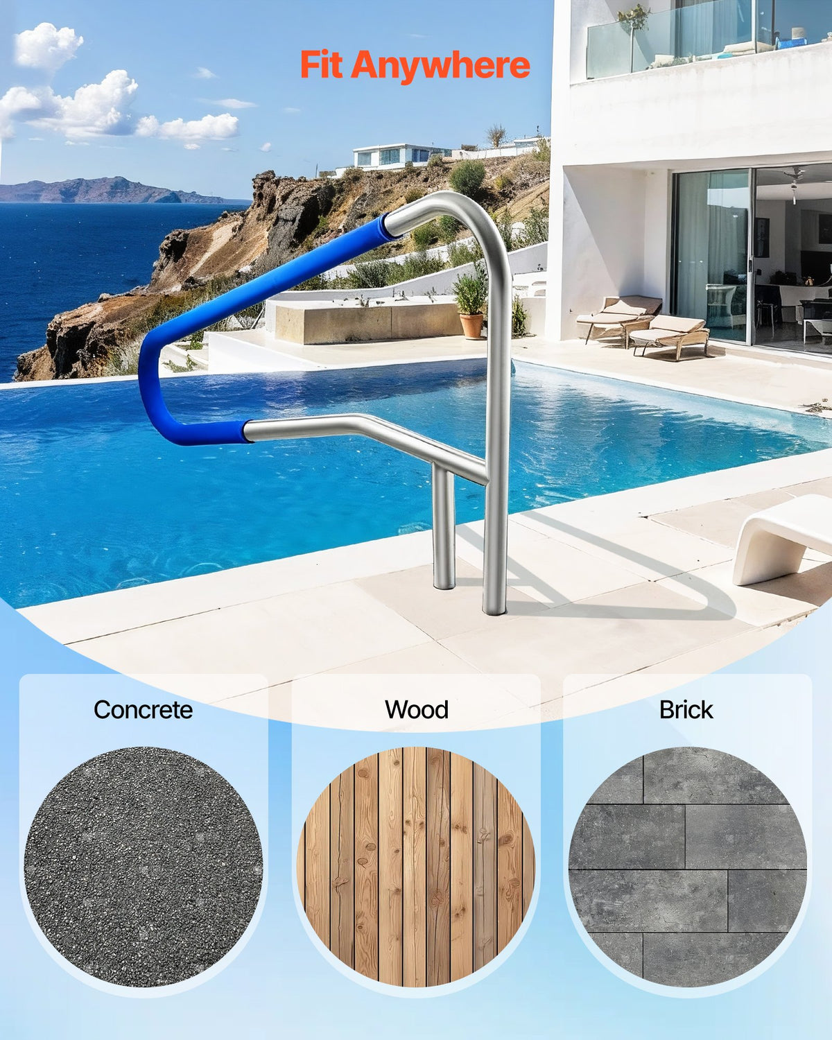 VEVOR Pool Rail, 54 x 32 inch Pool Handrail, 220 lbs Load Capacity Heavy Duty 304 Stainless Steel Swimming Handrail, Detachable Nonslip Sleeve, Recessed or Base Mount, for Poolside, Water Parks - BXGYCFSYM543YO17Y001V0 - view 7