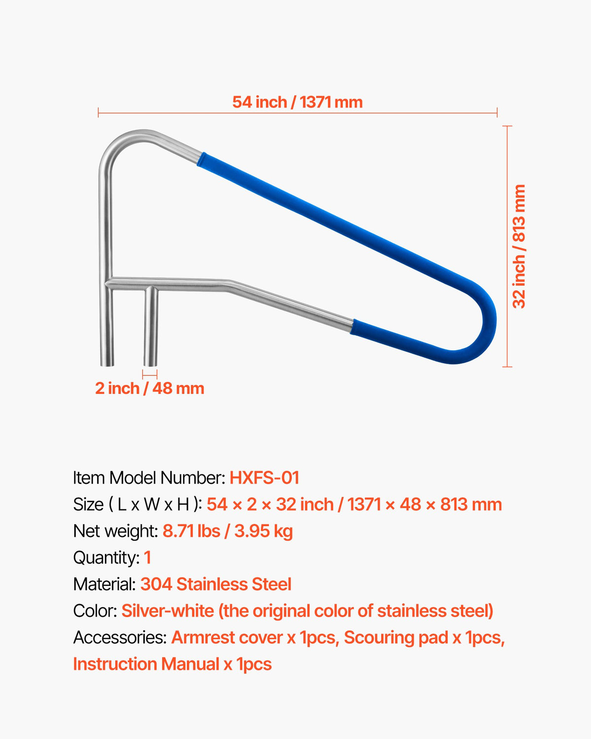 VEVOR Pool Rail, 54 x 32 inch Pool Handrail, 220 lbs Load Capacity Heavy Duty 304 Stainless Steel Swimming Handrail, Detachable Nonslip Sleeve, Recessed or Base Mount, for Poolside, Water Parks - BXGYCFSYM543YO17Y001V0 - view 8