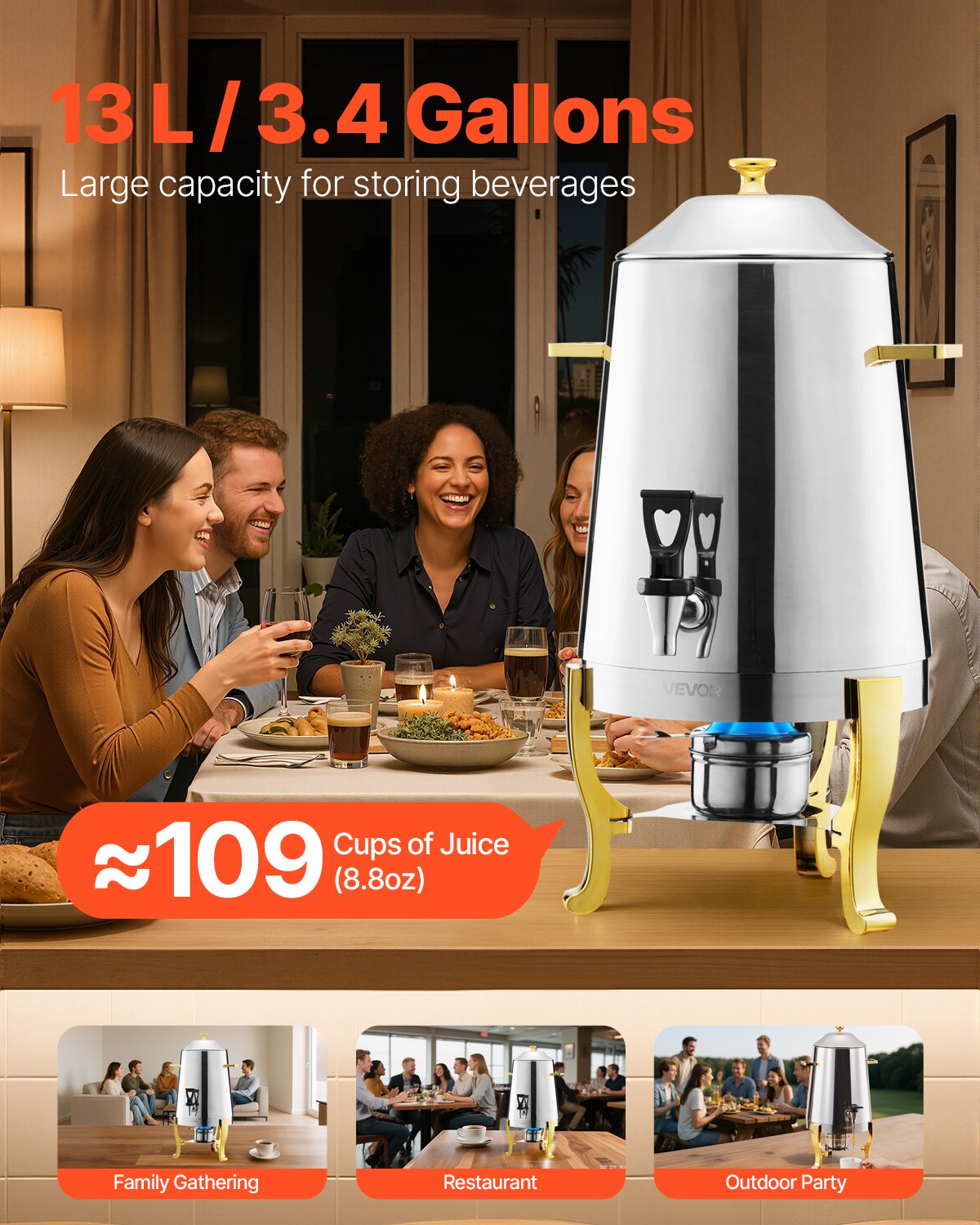 VEVOR Stainless Steel Beverage Dispenser, 3.4 Gallon Drink Dispenser  with Alcohol Burner, Hot & Cold Drink Dispensers with Spigot for Coffee Tea Hot Water, Ideal for Restaurants, Hotels, Parties - BXGYLFPQBXGS033D5001V0 - view 3
