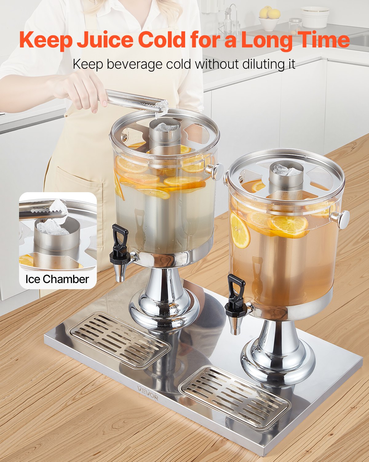 VEVOR Beverage Dispenser, 2.1 Gallon x 2 Drink Dispenser for Parties, Stainless Steel + Plastic Juice Dispensers with Spigot Ice Chamber Tray, Iced Tea Lemonade Dispensers, for Restaurants, Hotels - BXGYLFPQBXGS1OOVN001V0 - view 4