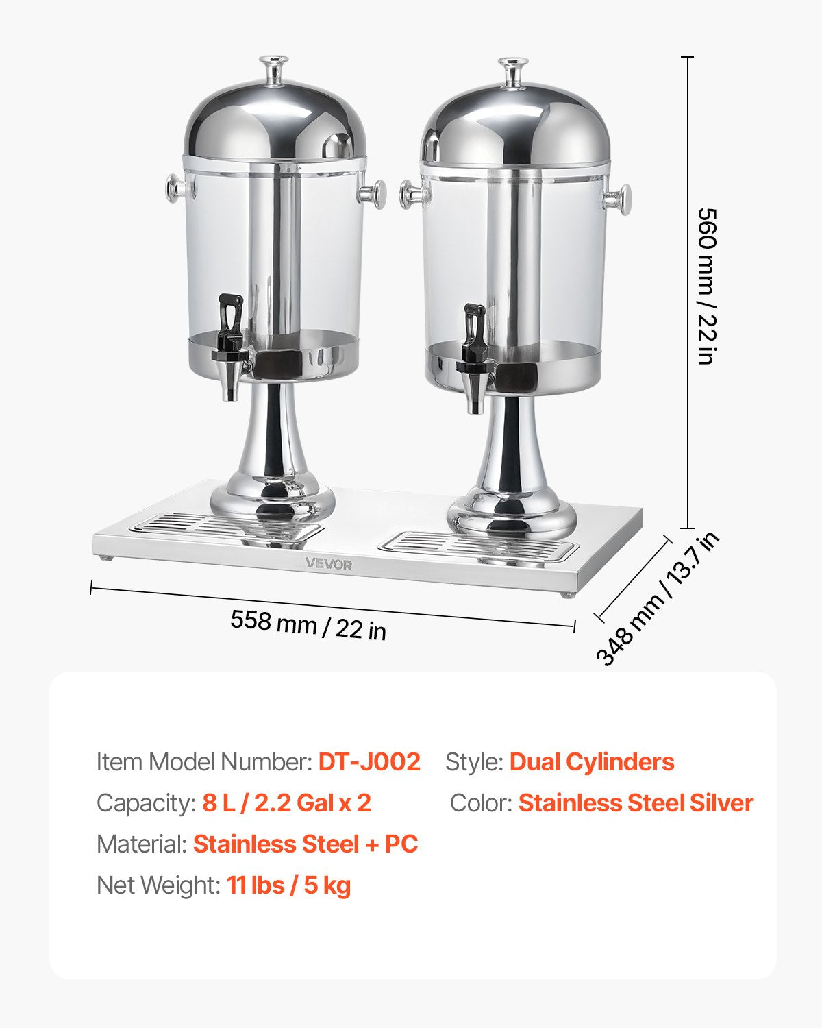 VEVOR Beverage Dispenser, 2.1 Gallon x 2 Drink Dispenser for Parties, Stainless Steel + Plastic Juice Dispensers with Spigot Ice Chamber Tray, Iced Tea Lemonade Dispensers, for Restaurants, Hotels - BXGYLFPQBXGS1OOVN001V0 - view 8