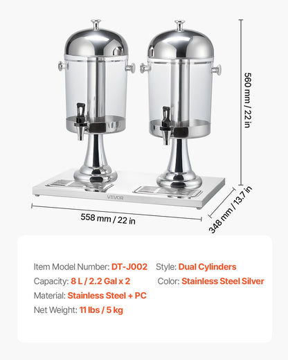 VEVOR Beverage Dispenser, 2.1 Gallon x 2 Drink Dispenser for Parties, Stainless Steel + Plastic Juice Dispensers with Spigot Ice Chamber Tray, Iced Tea Lemonade Dispensers, for Restaurants, Hotels - BXGYLFPQBXGS1OOVN001V0 - view 8