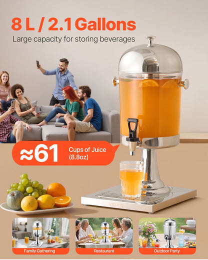 VEVOR Beverage Dispenser, 2.1 Gallon Drink Dispenser for Parties, Stainless Steel + Plastic Juice Dispensers with Spigot Ice Chamber Tray, Iced Tea Lemonade Juice Dispensers, for Restaurants, Hotels - BXGYLFPQBXGSPZZPX001V0 - view 3