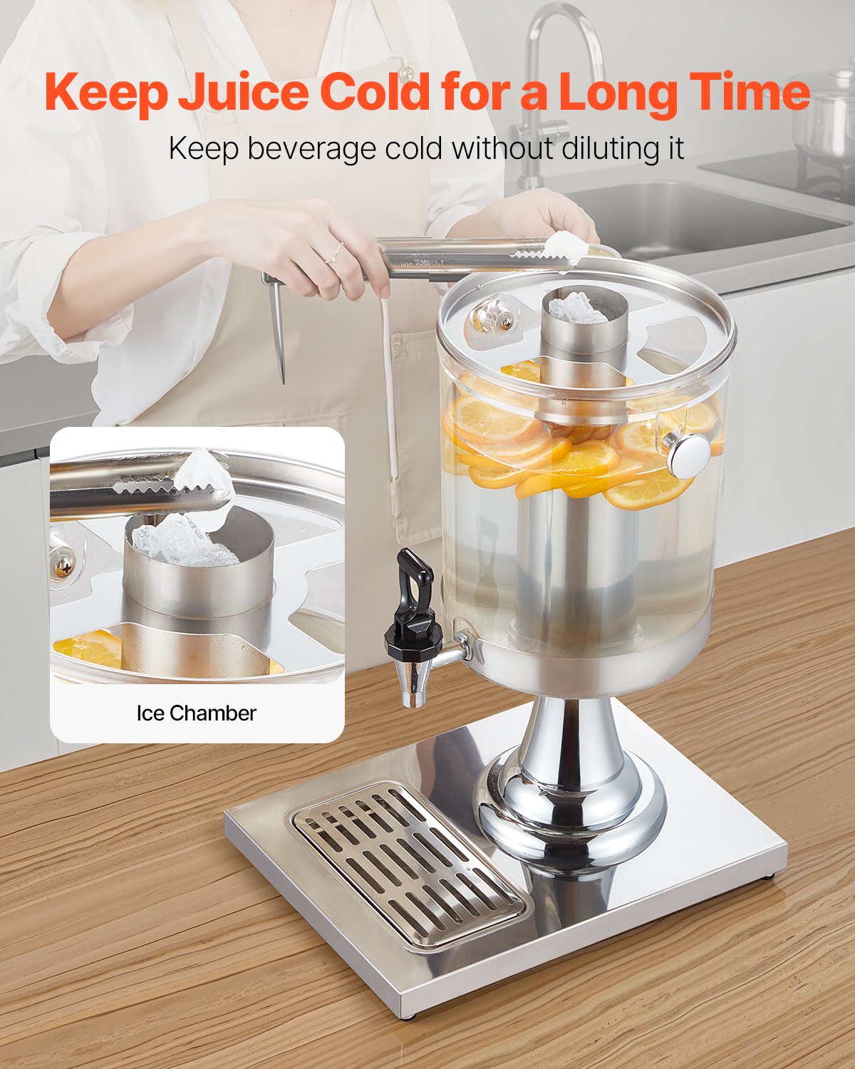 VEVOR Beverage Dispenser, 2.1 Gallon Drink Dispenser for Parties, Stainless Steel + Plastic Juice Dispensers with Spigot Ice Chamber Tray, Iced Tea Lemonade Juice Dispensers, for Restaurants, Hotels - BXGYLFPQBXGSPZZPX001V0 - view 4