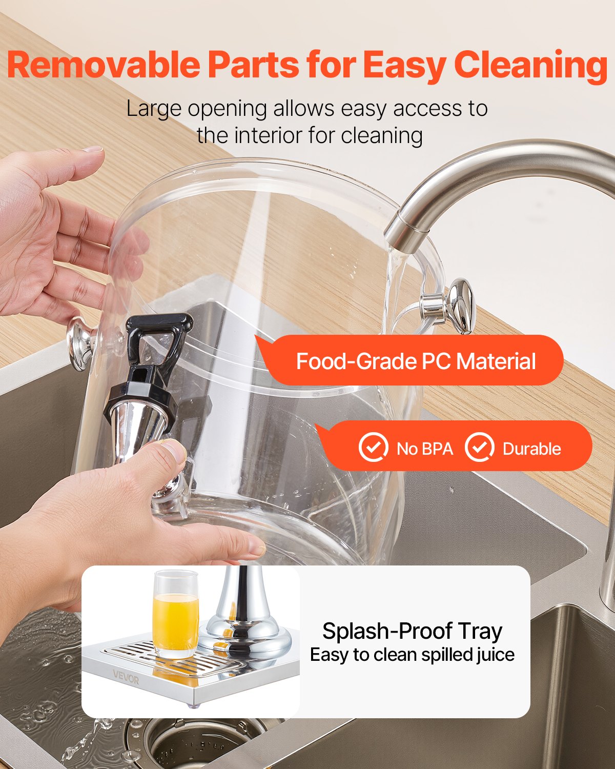 VEVOR Beverage Dispenser, 2.1 Gallon Drink Dispenser for Parties, Stainless Steel + Plastic Juice Dispensers with Spigot Ice Chamber Tray, Iced Tea Lemonade Juice Dispensers, for Restaurants, Hotels - BXGYLFPQBXGSPZZPX001V0 - view 7