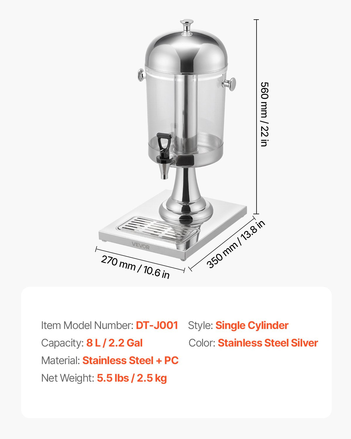 VEVOR Beverage Dispenser, 2.1 Gallon Drink Dispenser for Parties, Stainless Steel + Plastic Juice Dispensers with Spigot Ice Chamber Tray, Iced Tea Lemonade Juice Dispensers, for Restaurants, Hotels - BXGYLFPQBXGSPZZPX001V0 - view 8
