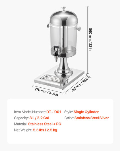 VEVOR Beverage Dispenser, 2.1 Gallon Drink Dispenser for Parties, Stainless Steel + Plastic Juice Dispensers with Spigot Ice Chamber Tray, Iced Tea Lemonade Juice Dispensers, for Restaurants, Hotels - BXGYLFPQBXGSPZZPX001V0 - view 8