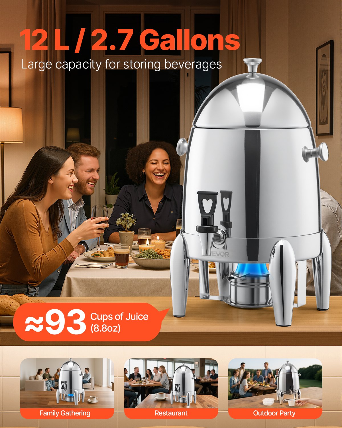 VEVOR Stainless Steel Beverage Dispenser, 2.7 Gallon Drink Dispenser  with Alcohol Burner, Hot & Cold Drink Dispensers for Coffee Tea Hot Water, with Spigot Ice Tube, for Restaurants, Hotels, Parties - BXGYLFPQBXGSQ0G7U001V0 - view 3