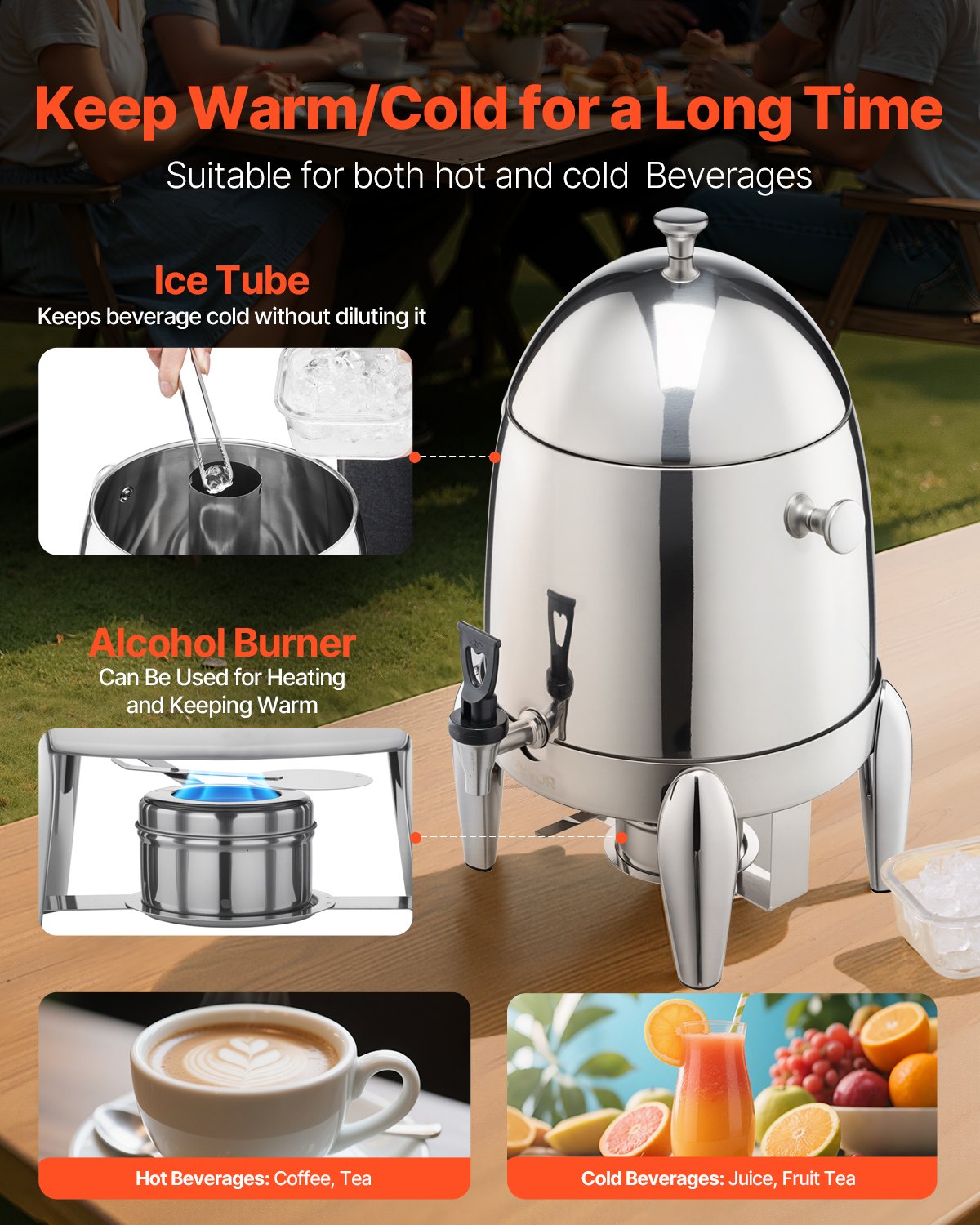 VEVOR Stainless Steel Beverage Dispenser, 2.7 Gallon Drink Dispenser  with Alcohol Burner, Hot & Cold Drink Dispensers for Coffee Tea Hot Water, with Spigot Ice Tube, for Restaurants, Hotels, Parties - BXGYLFPQBXGSQ0G7U001V0 - view 5
