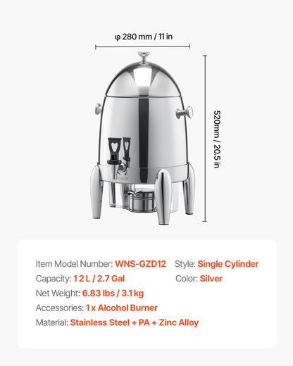 VEVOR Stainless Steel Beverage Dispenser, 2.7 Gallon Drink Dispenser  with Alcohol Burner, Hot & Cold Drink Dispensers for Coffee Tea Hot Water, with Spigot Ice Tube, for Restaurants, Hotels, Parties - BXGYLFPQBXGSQ0G7U001V0 - view 8
