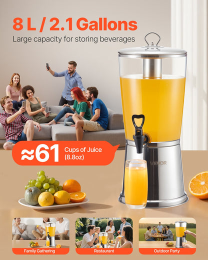 VEVOR Beverage Dispenser, 2.1 Gallon Drink Dispenser for Parties, Stainless Steel + Plastic Juice Dispensers with Spigot Ice Chamber, Iced Tea Lemonade Juice Water Dispensers, for Restaurants, Hotels - BXGYLFPQBXGSY3S22001V0 - view 3