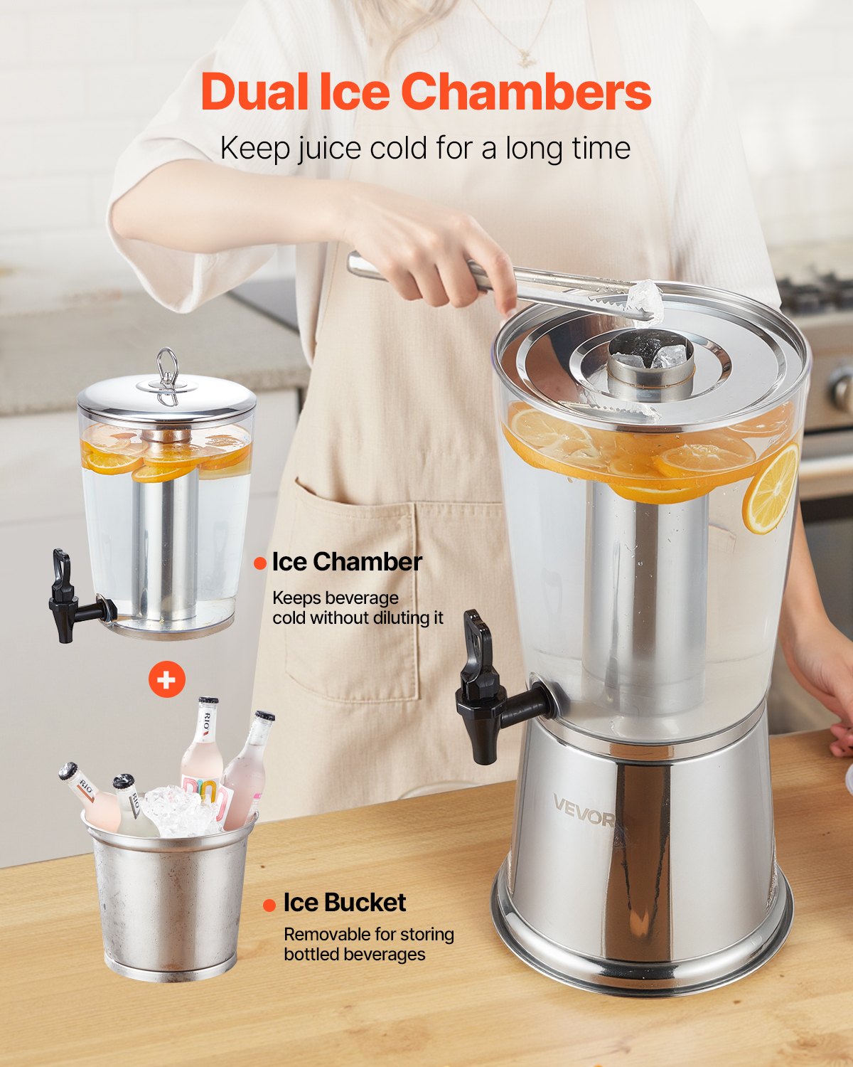 VEVOR Beverage Dispenser, 2.1 Gallon Drink Dispenser for Parties, Stainless Steel + Plastic Juice Dispensers with Spigot Ice Chamber, Iced Tea Lemonade Juice Water Dispensers, for Restaurants, Hotels - BXGYLFPQBXGSY3S22001V0 - view 4