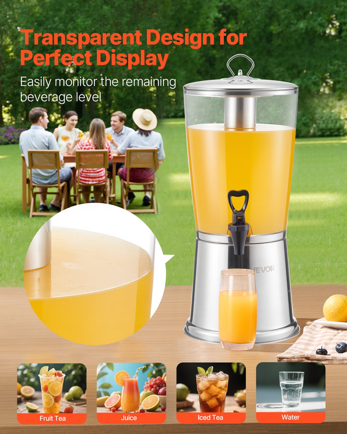 VEVOR Beverage Dispenser, 2.1 Gallon Drink Dispenser for Parties, Stainless Steel + Plastic Juice Dispensers with Spigot Ice Chamber, Iced Tea Lemonade Juice Water Dispensers, for Restaurants, Hotels - BXGYLFPQBXGSY3S22001V0 - view 5