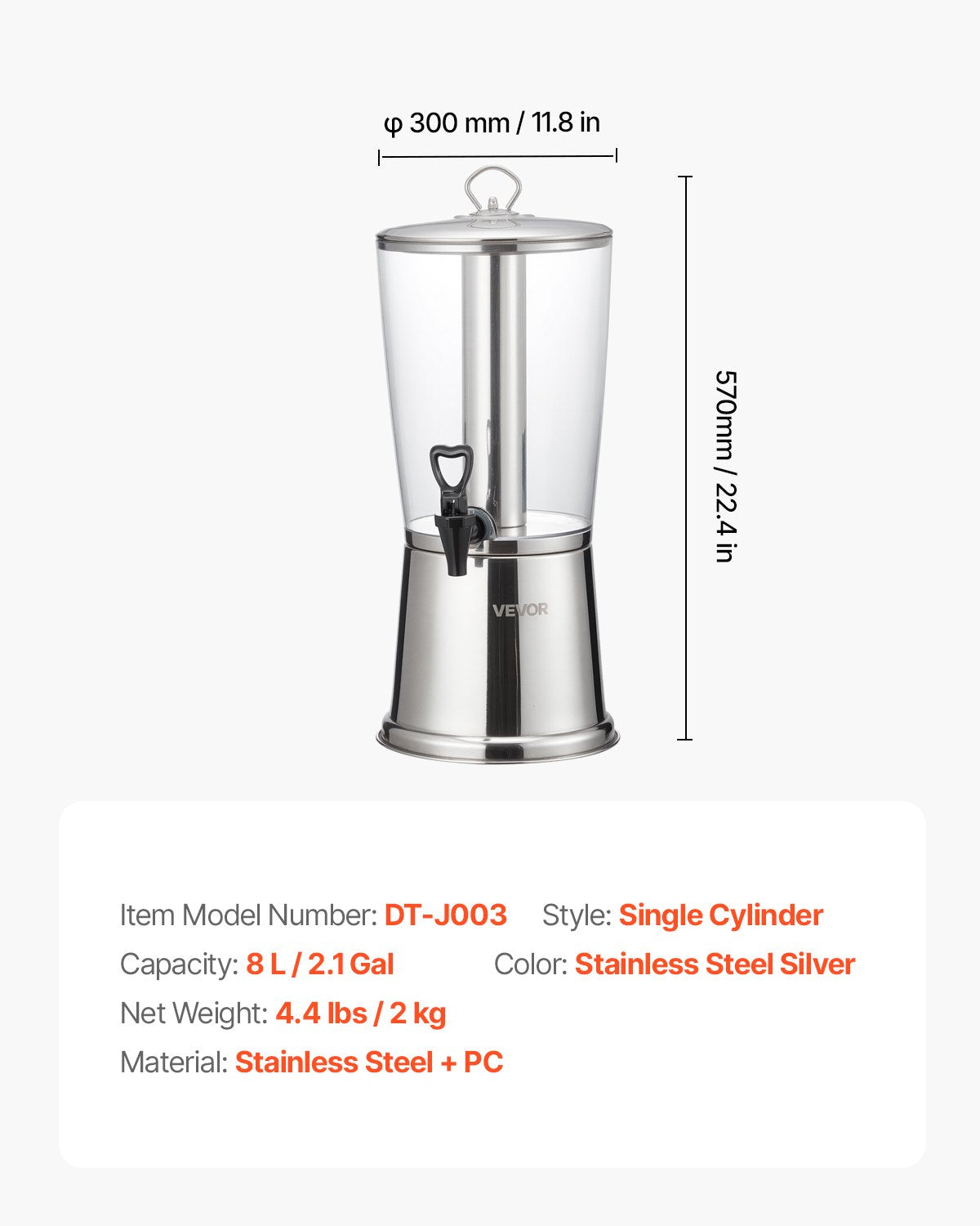 VEVOR Beverage Dispenser, 2.1 Gallon Drink Dispenser for Parties, Stainless Steel + Plastic Juice Dispensers with Spigot Ice Chamber, Iced Tea Lemonade Juice Water Dispensers, for Restaurants, Hotels - BXGYLFPQBXGSY3S22001V0 - view 8