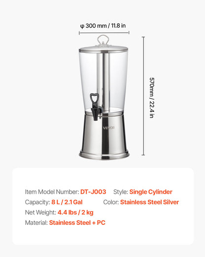 VEVOR Beverage Dispenser, 2.1 Gallon Drink Dispenser for Parties, Stainless Steel + Plastic Juice Dispensers with Spigot Ice Chamber, Iced Tea Lemonade Juice Water Dispensers, for Restaurants, Hotels - BXGYLFPQBXGSY3S22001V0 - view 8