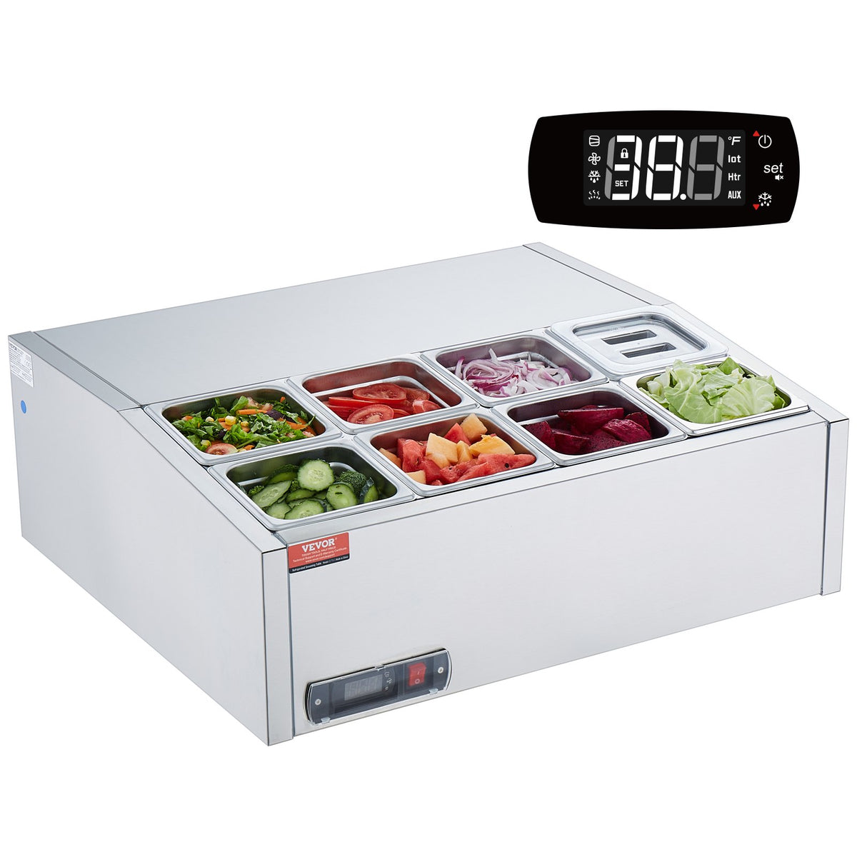 VEVOR Refrigerated Condiment Prep Station, 140 W Countertop Refrigerated Condiment Station, with 8 1/6 Pans, 304 Stainless Body and PC Lid, Sandwich Prep Table with Stainless Steel Guard, ETL - BXGZLZDWT275H30FEV1 - view 1