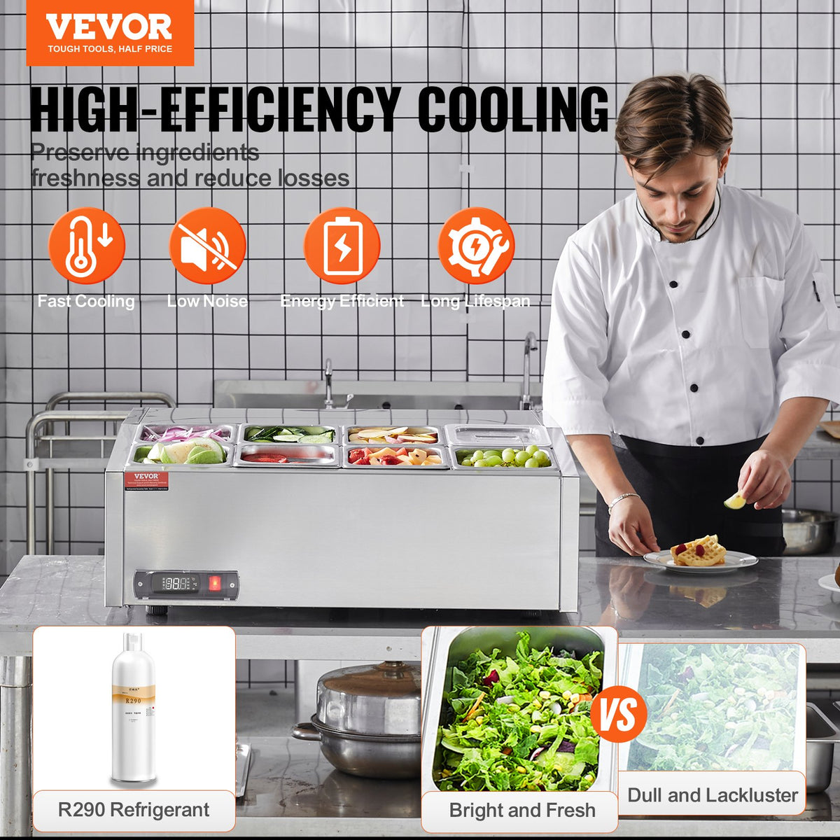 VEVOR Refrigerated Condiment Prep Station, 140 W Countertop Refrigerated Condiment Station, with 8 1/6 Pans, 304 Stainless Body and PC Lid, Sandwich Prep Table with Stainless Steel Guard, ETL - BXGZLZDWT275H30FEV1 - view 3
