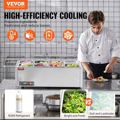 VEVOR Refrigerated Condiment Prep Station, 140 W Countertop Refrigerated Condiment Station, with 8 1/6 Pans, 304 Stainless Body and PC Lid, Sandwich Prep Table with Stainless Steel Guard, ETL - BXGZLZDWT275H30FEV1 - view 3
