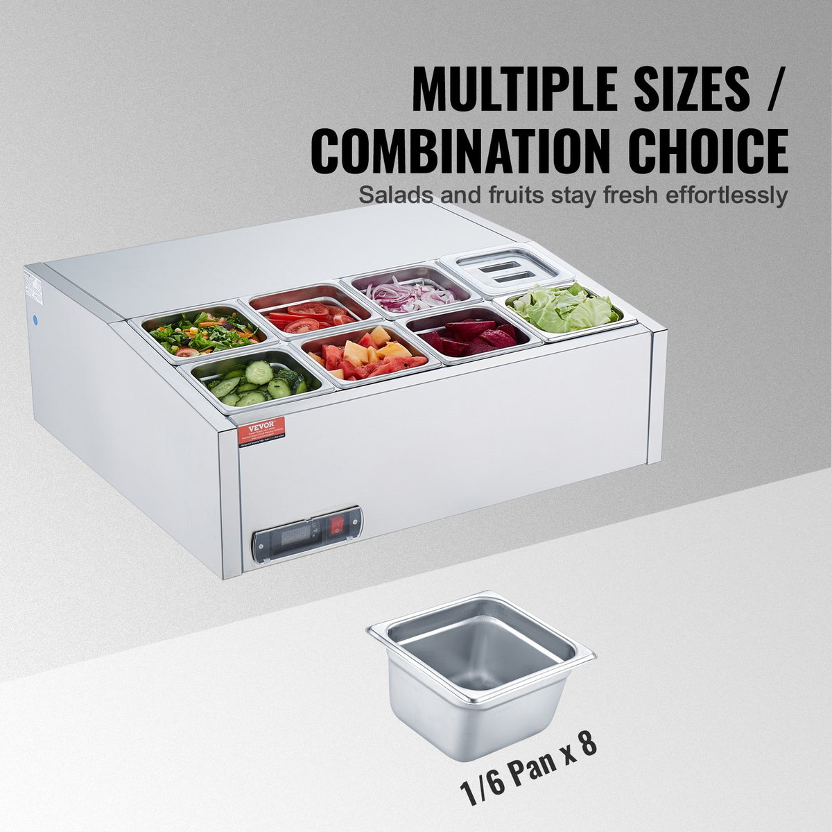 VEVOR Refrigerated Condiment Prep Station, 140 W Countertop Refrigerated Condiment Station, with 8 1/6 Pans, 304 Stainless Body and PC Lid, Sandwich Prep Table with Stainless Steel Guard, ETL - BXGZLZDWT275H30FEV1 - view 4