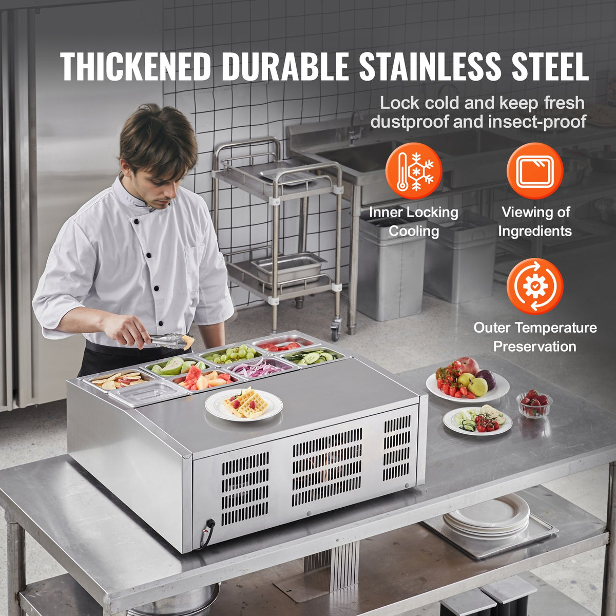 VEVOR Refrigerated Condiment Prep Station, 140 W Countertop Refrigerated Condiment Station, with 8 1/6 Pans, 304 Stainless Body and PC Lid, Sandwich Prep Table with Stainless Steel Guard, ETL - BXGZLZDWT275H30FEV1 - view 6