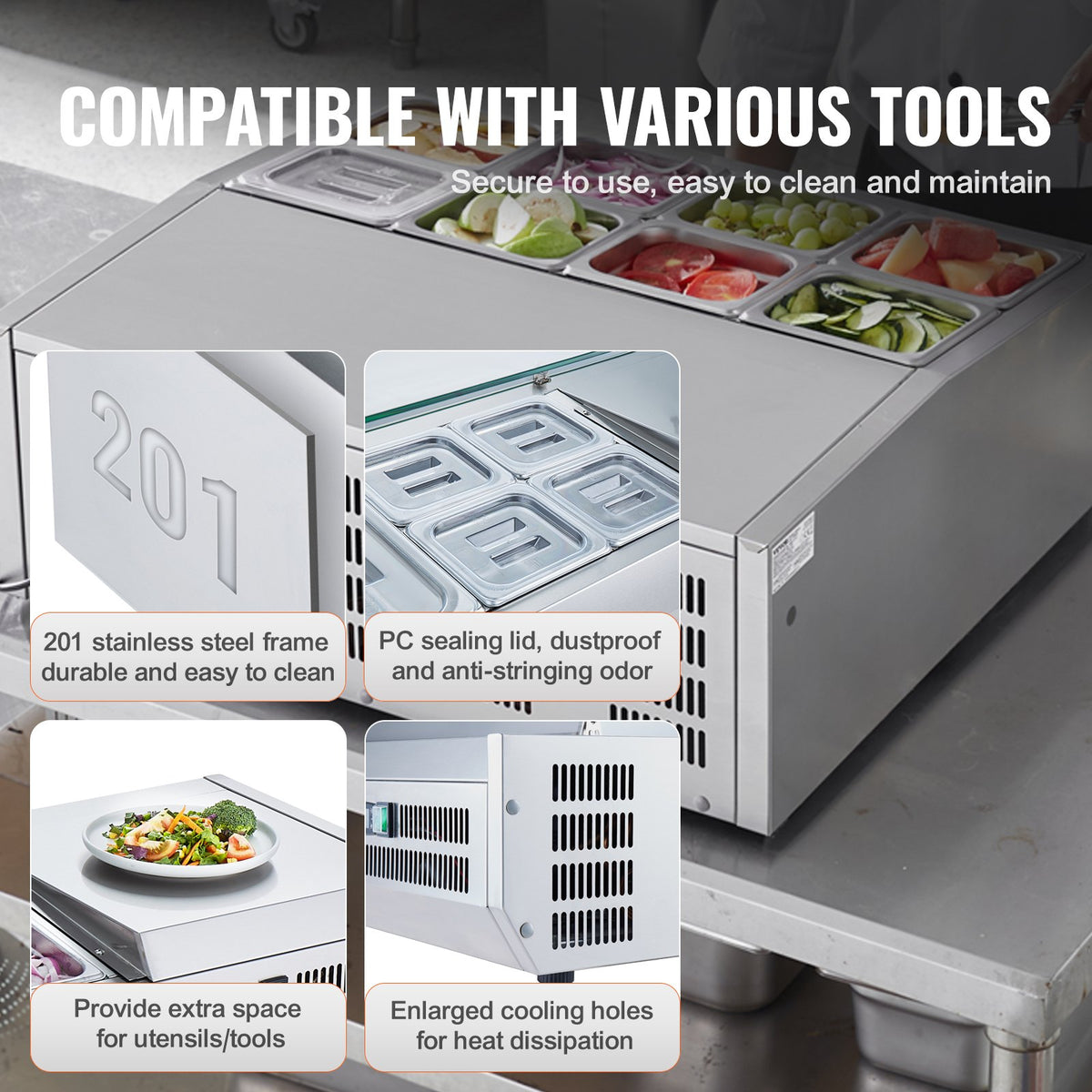 VEVOR Refrigerated Condiment Prep Station, 140 W Countertop Refrigerated Condiment Station, with 8 1/6 Pans, 304 Stainless Body and PC Lid, Sandwich Prep Table with Stainless Steel Guard, ETL - BXGZLZDWT275H30FEV1 - view 7