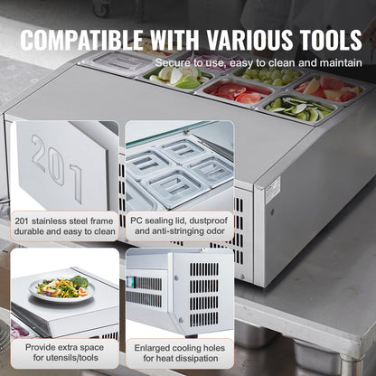 VEVOR Refrigerated Condiment Prep Station, 140 W Countertop Refrigerated Condiment Station, with 8 1/6 Pans, 304 Stainless Body and PC Lid, Sandwich Prep Table with Stainless Steel Guard, ETL - BXGZLZDWT275H30FEV1 - view 7