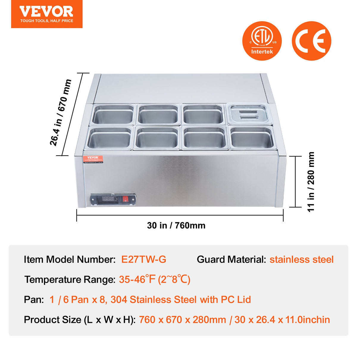 VEVOR Refrigerated Condiment Prep Station, 140 W Countertop Refrigerated Condiment Station, with 8 1/6 Pans, 304 Stainless Body and PC Lid, Sandwich Prep Table with Stainless Steel Guard, ETL - BXGZLZDWT275H30FEV1 - view 8