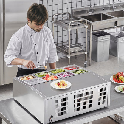 VEVOR Refrigerated Condiment Prep Station, 140 W Countertop Refrigerated Condiment Station, with 8 1/6 Pans, 304 Stainless Body and PC Lid, Sandwich Prep Table with Stainless Steel Guard, ETL - BXGZLZDWT275H30FEV1 - view 9