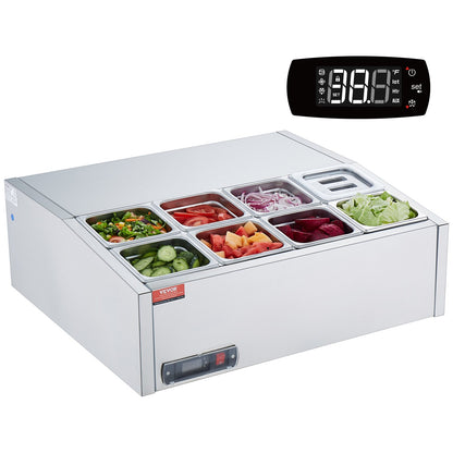 VEVOR Refrigerated Condiment Prep Station, 140 W Countertop Refrigerated Condiment Station, with 8 1/6 Pans, 304 Stainless Body and PC Lid, Sandwich Prep Table with Stainless Steel Guard, ETL - BXGZLZDWT275H30FEV1 - view 10