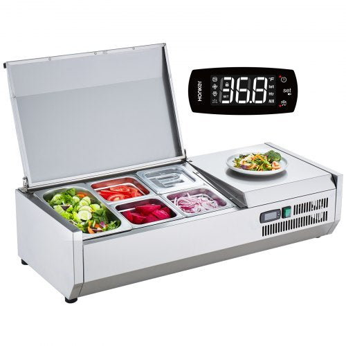 VEVOR Refrigerated Condiment Prep Station, 130 W Countertop Refrigerated Condiment Station, with 1 1/3 Pan & 4 1/6 Pans, 304 Stainless Body and PC Lid, Sandwich Prep Table with Stainless Guard, ETL - BXGZLZDWT40Y5N0MEV1 - view 2