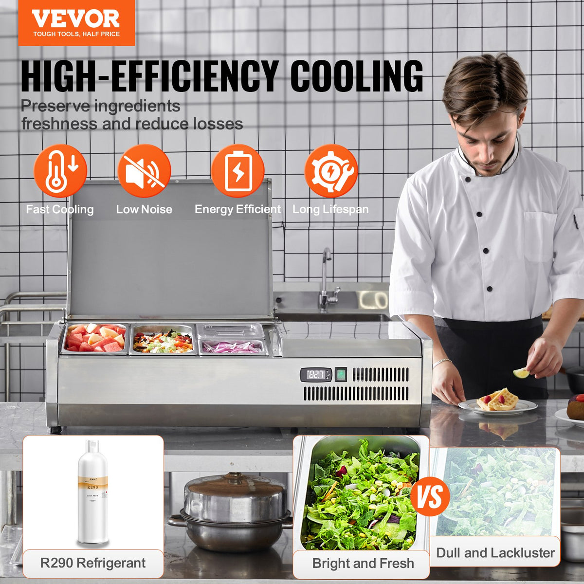 VEVOR Refrigerated Condiment Prep Station, 130 W Countertop Refrigerated Condiment Station, with 1 1/3 Pan & 4 1/6 Pans, 304 Stainless Body and PC Lid, Sandwich Prep Table with Stainless Guard, ETL - BXGZLZDWT40Y5N0MEV1 - view 3