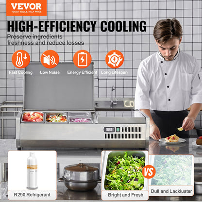 VEVOR Refrigerated Condiment Prep Station, 130 W Countertop Refrigerated Condiment Station, with 1 1/3 Pan & 4 1/6 Pans, 304 Stainless Body and PC Lid, Sandwich Prep Table with Stainless Guard, ETL - BXGZLZDWT40Y5N0MEV1 - view 3