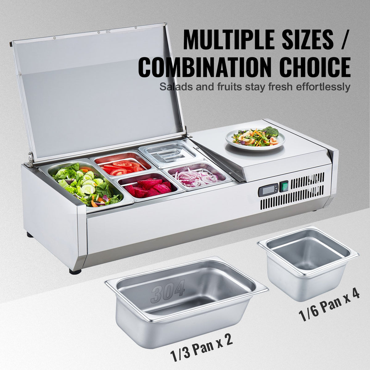 VEVOR Refrigerated Condiment Prep Station, 130 W Countertop Refrigerated Condiment Station, with 1 1/3 Pan & 4 1/6 Pans, 304 Stainless Body and PC Lid, Sandwich Prep Table with Stainless Guard, ETL - BXGZLZDWT40Y5N0MEV1 - view 4